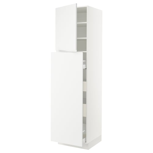 White SEKTION kitchen cabinet with voxtorp fronts, adjustable shelves, and soft-close hinges.