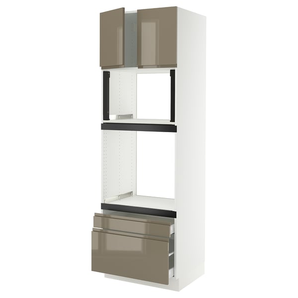 SEKTION / MAXIMERA Hi cab f oven/micro w 2 drwrs/2 drs, white/Voxtorp high-gloss dark grey-brown, 30x24x90 "