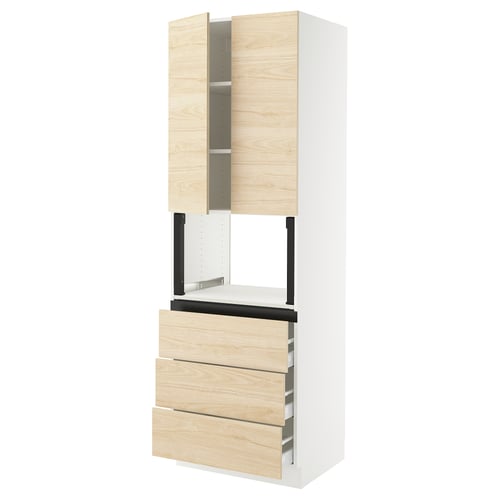 SEKTION light ash wood kitchen cabinet, white frame, three drawers, two doors, modern design.