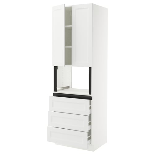 SEKTION white kitchen cabinet set; modern design with drawers and shelves.