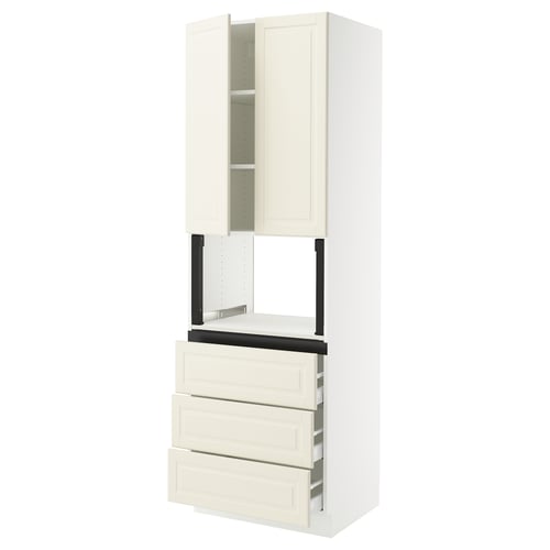An off-white SEKTION kitchen cabinet with three drawers and double doors. The cabinet has a modern design with bevelled edges.