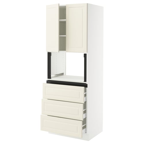 Off-white ikea SEKTION kitchen cabinets with beveled edges, black structure, modern & traditional design.