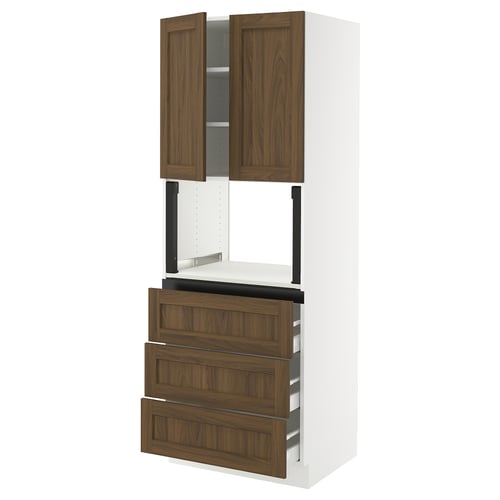 Ikea SEKTION kitchen unit with walnut front, tall, drawers, and cabinets.