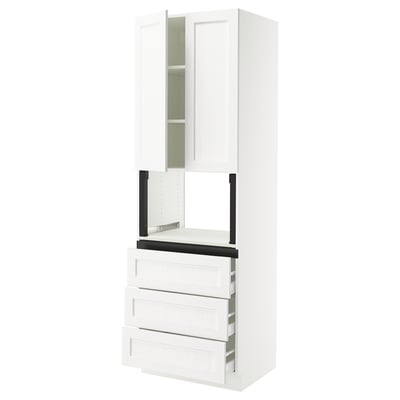 White kitchen cabinet with four drawers and two upper doors.