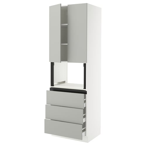 This image shows a white SEKTION kitchen unit with modern light grey drawers and cabinet doors. It has a clean, minimalist design with ample storage.