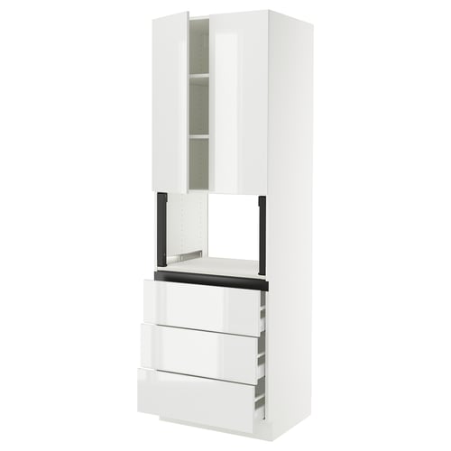 SEKTION modern white kitchen unit, glossy finish, featuring cabinets, shelves, and drawers.