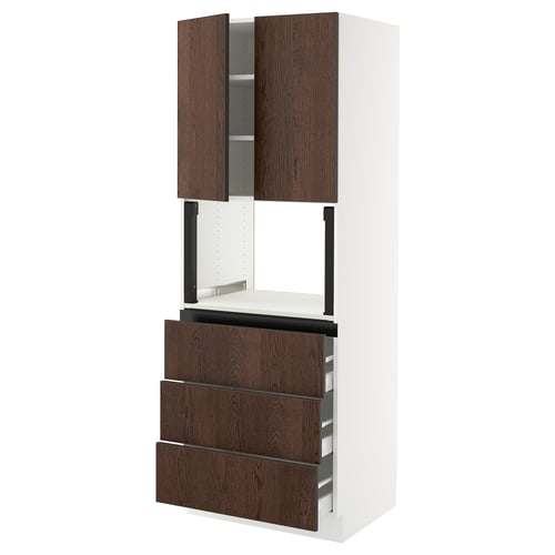 Ikea SEKTION kitchen unit, white with dark brown wood grain drawers and cabinet doors, featuring multiple drawers and two double doors, modern design.