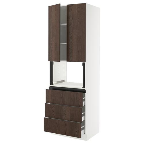 SEKTION kitchen unit: dark brown sinarp wood, white frame, tall with drawers, sleek modern design.