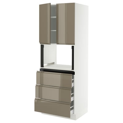 SEKTION / MAXIMERA Hi cb f micro w 3 drawers/2 doors, white/Voxtorp high-gloss dark grey-brown, 30x24x80 "