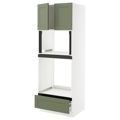 Modern white ikea SEKTION kitchen cabinet with green drawers and doors.