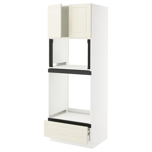 White SEKTION kitchen unit with off-white drawers and shelves.