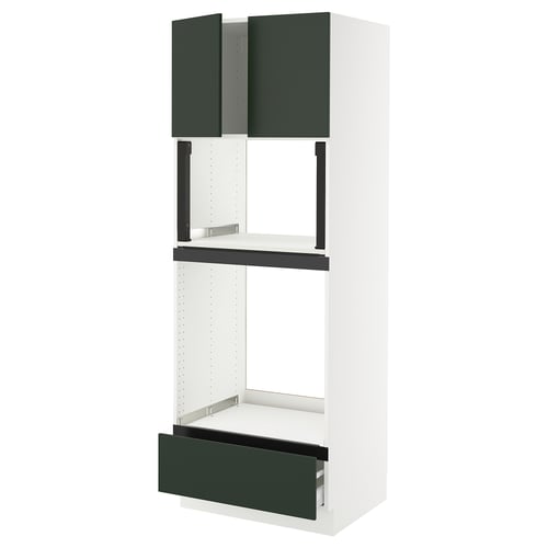 SEKTION modern kitchen unit in white & dark green, featuring open shelves and two doors.