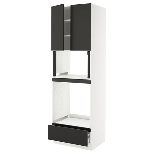 Modern black & white kitchen cabinet set with black doors and drawer, white frame, and clean lines.