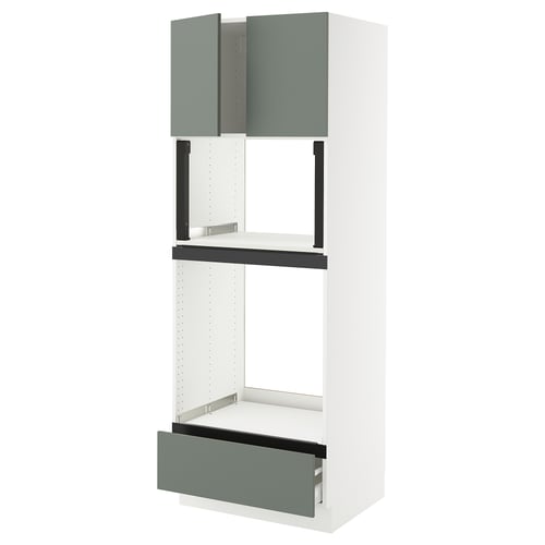 An ikea SEKTION kitchen unit in white with green-gray accessories. It a tall cabinet with two shelves and open storage.