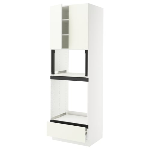 An ikea SEKTION kitchen unit in white with black accents. It a tall cabinet with a door, shelves, a drawer, and supports.