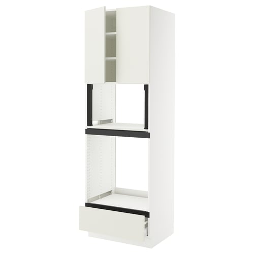 Modern white kitchen cabinet with drawers and shelves.