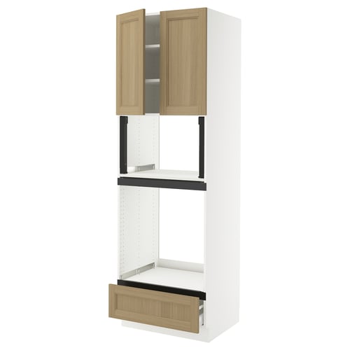 SEKTION kitchen unit in white with oak drawers and doors, three-tier storage.