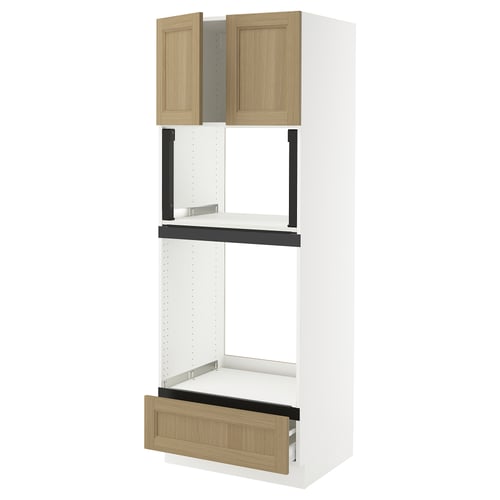 Modern white cabinet with wood doors and drawer, oak finish, includes shelves, sleek design.