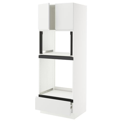 Modern white minimalist ikea SEKTION kitchen cabinet with black handles.