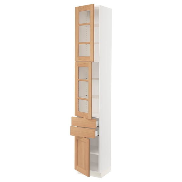 SEKTION / MAXIMERA Hi cb w 2 glass drs/2 drwrs/1 dr, white/Vedhamn oak, 15x15x90 "