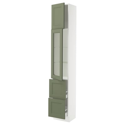SEKTION / MAXIMERA Hi cb w glass dr/2 drawers/1 door, white/Axstad gray-green, 15x15x90 "