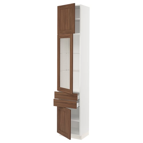 SEKTION tall white cabinet with wooden drawers and glass door.