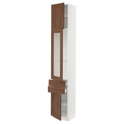 SEKTION tall white kitchen cabinet with walnut doors and glass shelves.