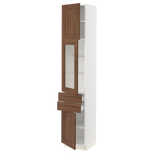 White tall kitchen cabinet with walnut-toned doors and glass panel, featuring drawers and shelves.