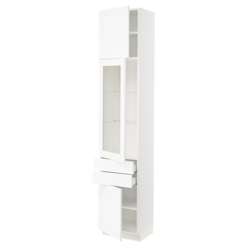 White SEKTION tall kitchen cabinet with glass doors and adjustable shelves.