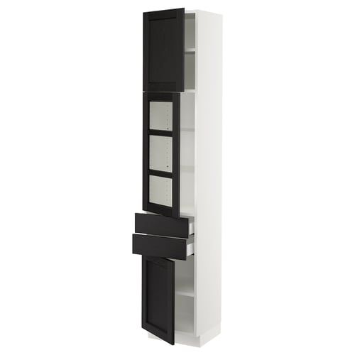 SEKTION tall kitchen cabinet: white, black glass doors, wooden drawer, adjustable shelves.