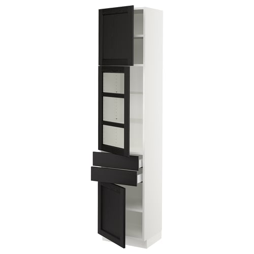 A tall white SEKTION kitchen cabinet with black stained glass doors and drawers. It adjustable shelves, and the doors have bevelled edges.