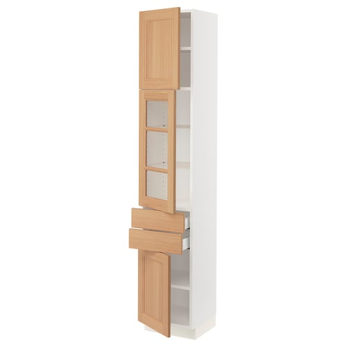 SEKTION kitchen unit with oak and white cabinet, drawers, shelves; modern design.