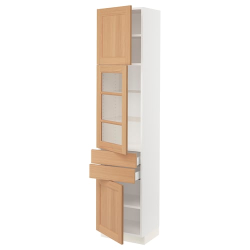 An ikea SEKTION kitchen cabinet in white with light oak drawers and doors. It open and close compartments, with adjustable shelves inside.