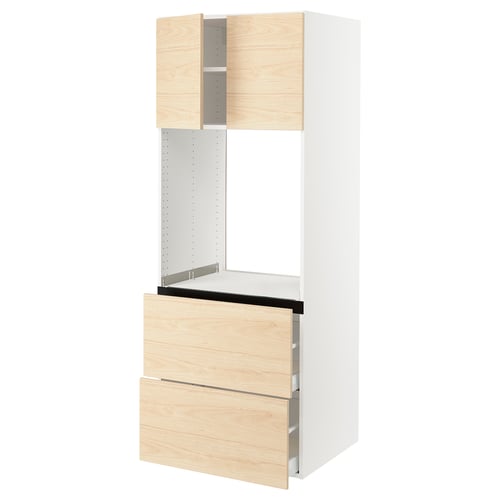 Ikea SEKTION kitchen unit in light wood and white with open shelving.
