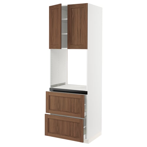 An ikea SEKTION kitchen unit with white and walnut wood finish, featuring cabinets and drawers.