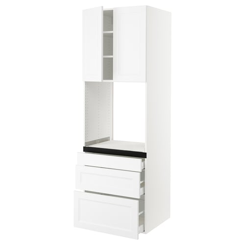 White SEKTION kitchen cabinet, modern style with three drawers and two open shelves.