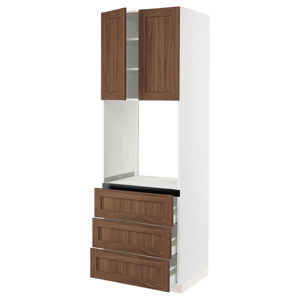 SEKTION / MAXIMERA High cab f oven w 3 drawers/2 doors, white Enköping/brown walnut effect, 30x24x90 "
