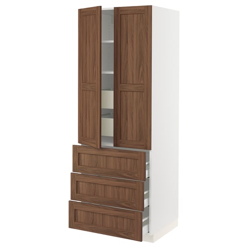 Walnut-colored cabinet with 3 wood drawers and 2 doors.