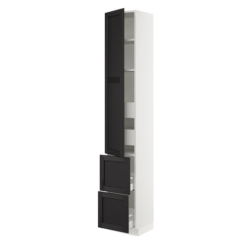 A white and dark ash kitchen cabinet from IKEAs SEKTION system with adjustable shelves and drawers.