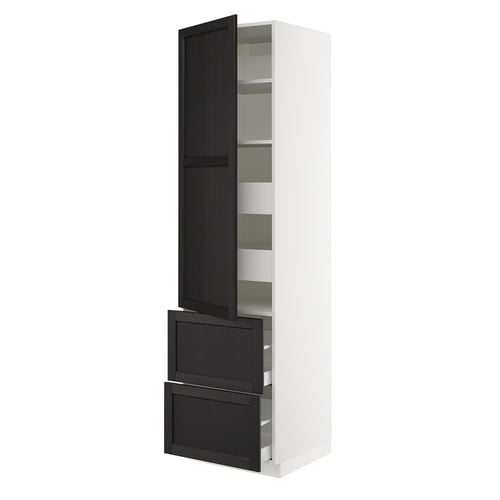Modern white and black stained wooden kitchen cabinet with bevelled edges and multiple shelves.