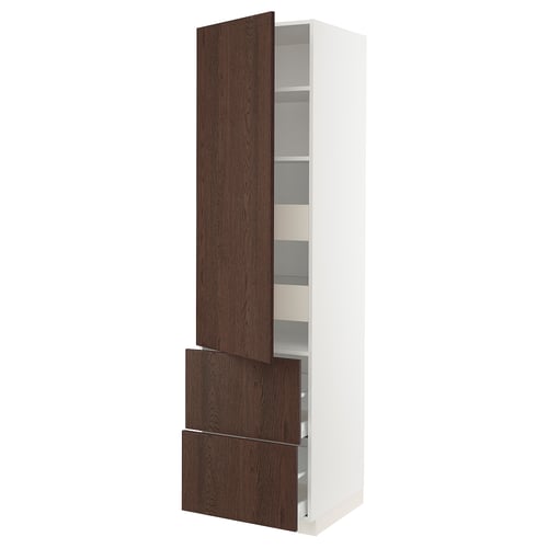 Modern kitchen cabinet in dark brown and white, tall with shelves and drawers, sleek and stylish.