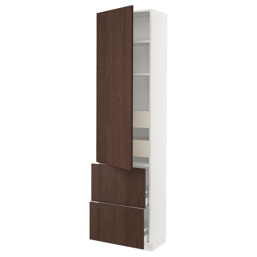 SEKTION kitchen unit with dark brown sinarp drawers and doors, white cabinet, adjustable shelves.