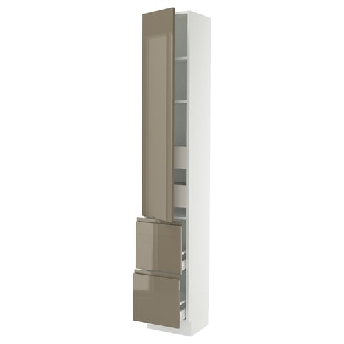 SEKTION kitchen unit with high-gloss tan-brown doors and adjustable shelves.