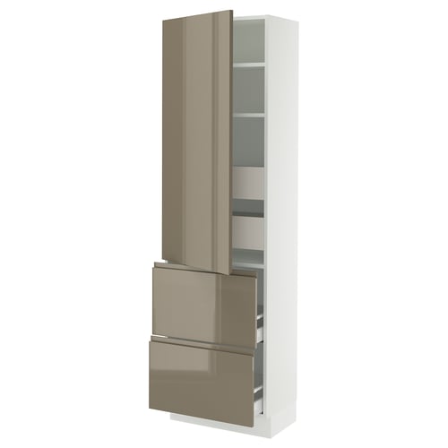 Dark grey-brown kitchen cabinet, tall, slim, modern with open shelves and drawers.