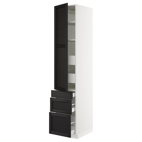 An ikea SEKTION kitchen cabinet with a white frame and black stained lerhyttan doors, showcasing drawers and shelves.