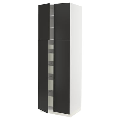 A modern SEKTION kitchen cabinet in white and black. It has four black doors, two with shelves inside, offering sleek storage.