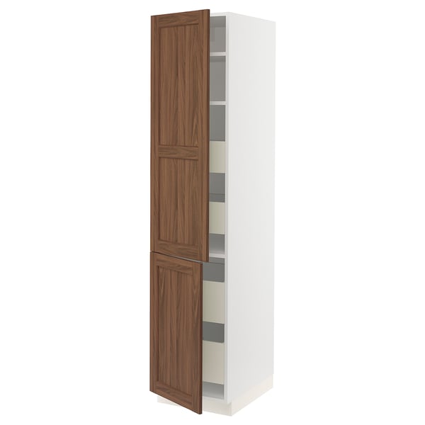 SEKTION / MAXIMERA High cb w 2 doors/shelves/4 drawers, white Enköping/brown walnut effect, 18x24x80 "