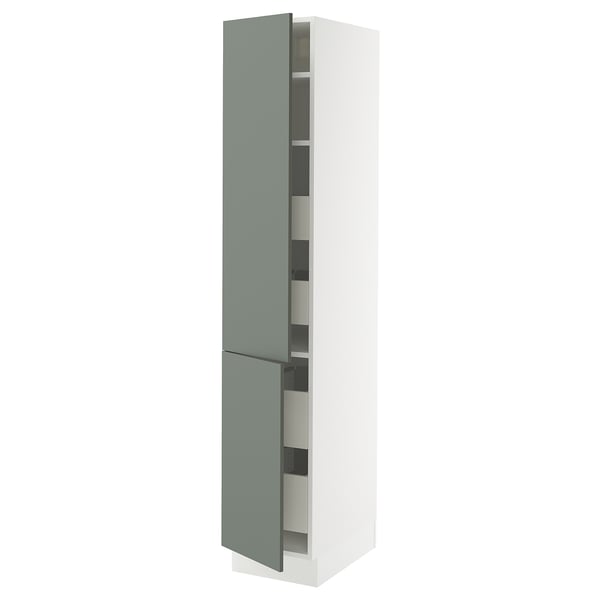 SEKTION / MAXIMERA High cb w 2 doors/shelves/4 drawers, white/Nickebo matt grey-green, 15x24x80 "