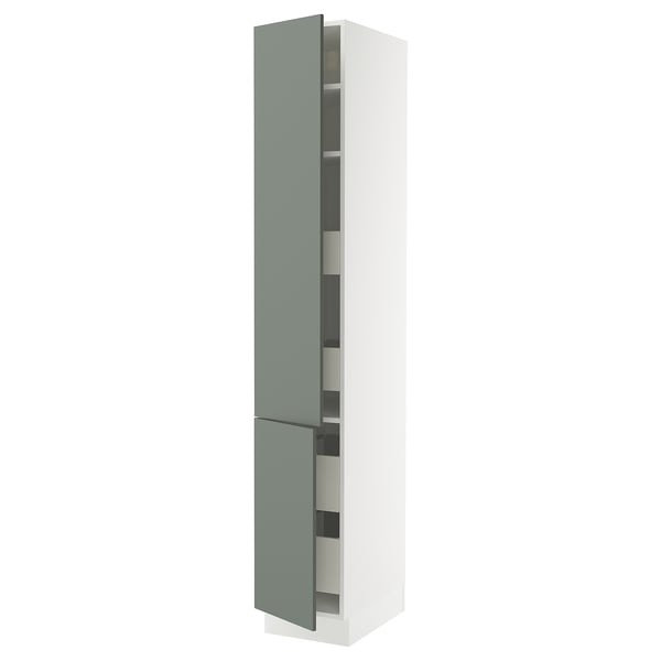 SEKTION / MAXIMERA High cb w 2 doors/shelves/4 drawers, white/Nickebo matt grey-green, 15x24x90 "
