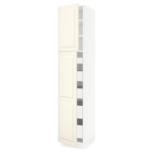 An off-white SEKTION kitchen cabinet with a traditional design. It adjustable shelves and a door with bevelled edges.